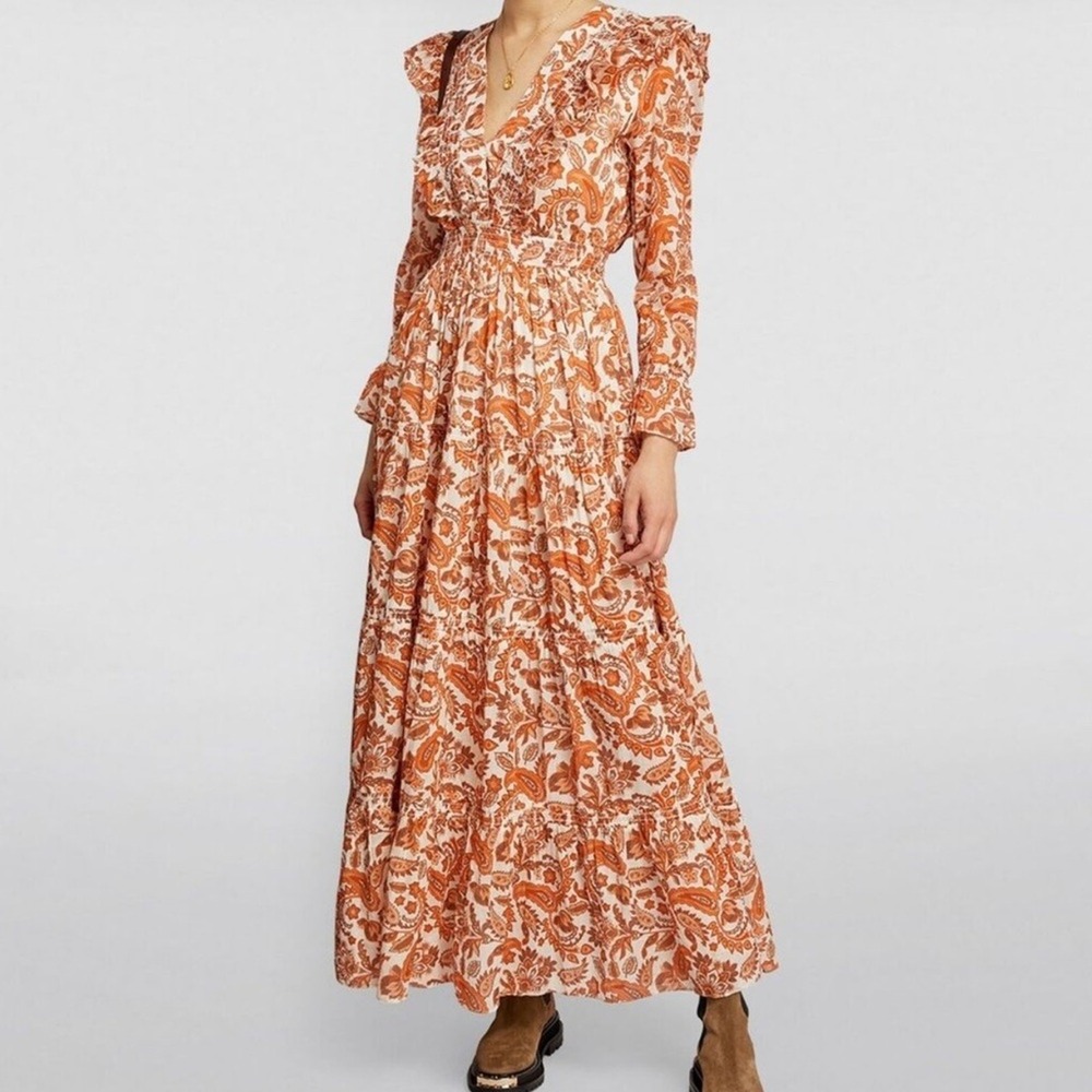 Maje SZ 4 the Ruflina paisley print Orange & cream Tiered long‎ sleeve maxi